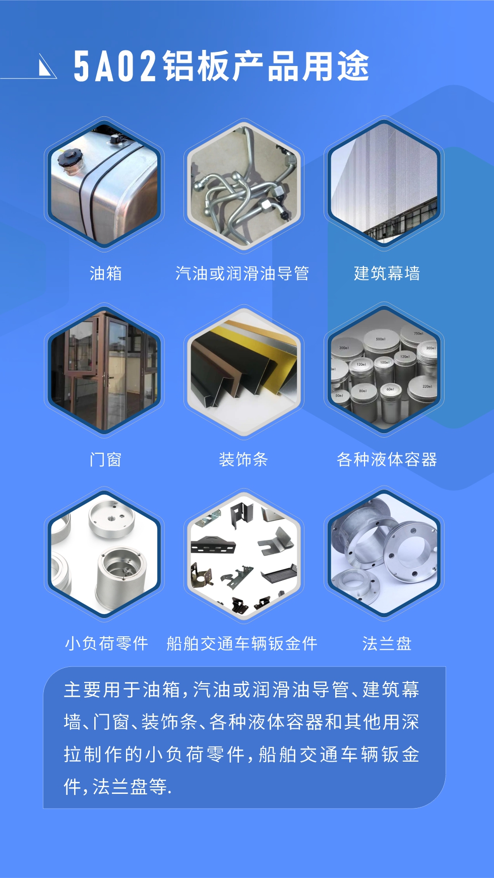 5A02鋁板產品用途:
主要用于油箱，汽油或潤滑油導管、建筑幕墻、門窗、裝飾條、各種液體容器和其他用深拉制作的小負荷零件，船舶交通車輛鈑金件，法蘭盤等.
