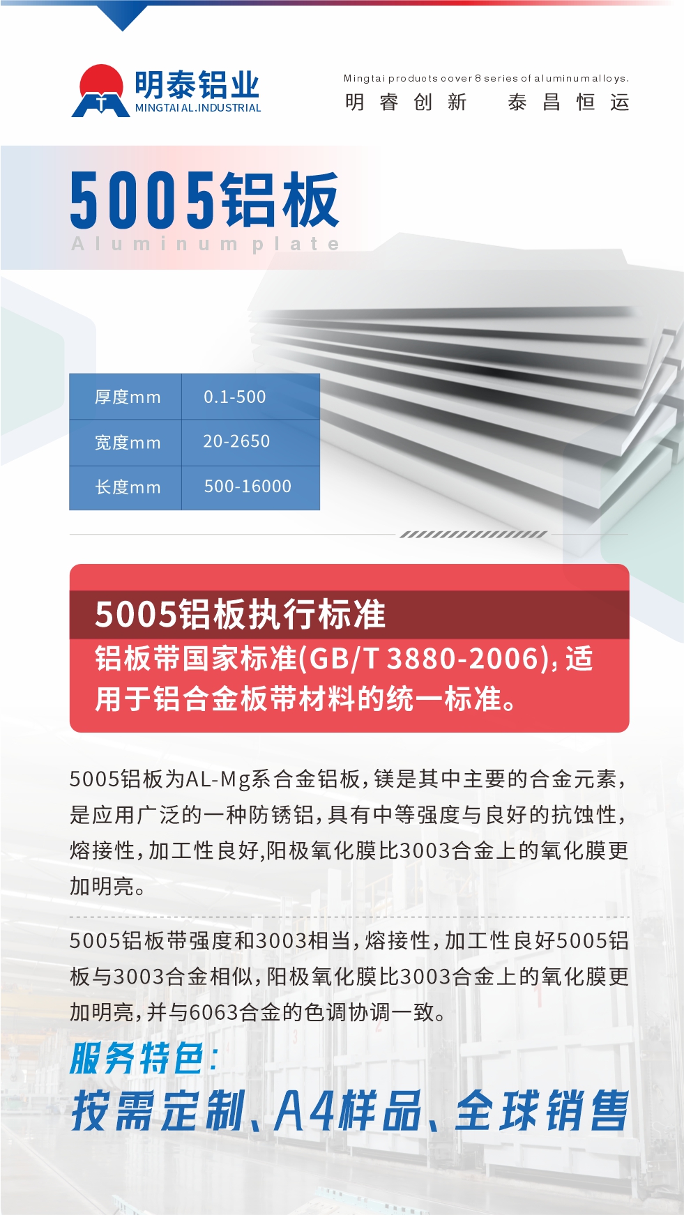 產品介紹

5005鋁板為AL-Mg系合金鋁板，鎂是其中主要的合金元素，是應用廣泛的一種防銹鋁，具有中等強度與良好的抗蝕性，熔接性，加工性良好,陽極氧化膜比3003合金上的氧化膜更加明亮。

5005鋁板帶強度和3003相當，熔接性，加工性良好5005鋁板與3003合金相似，陽極氧化膜比3003合金上的氧化膜更加明亮，并與6063合金的色調協調一致。服務特色：按需定制、A4樣品、全球銷售!


