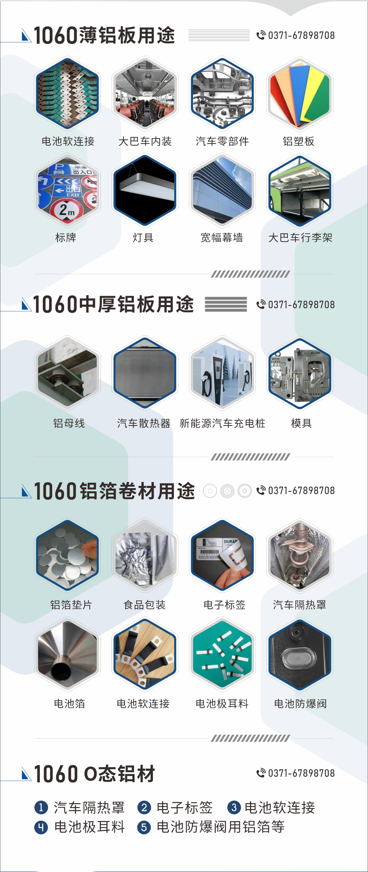 1060鋁板卷用途
　　1060鋁薄板用途： 電池軟連接、大巴車內(nèi)裝、汽車零部件、鋁塑板、標(biāo)牌、燈具、寬幅幕墻、大巴車行李架/地板/花紋板(宇通公司使用)等;1060中厚鋁板用途：鋁母線、汽車散熱器、新能源汽車充電樁、模具等;1060鋁箔卷材用途：鋁箔墊片、食品包裝、電子標(biāo)簽、汽車隔熱罩用鋁箔、電池箔、電池軟連接、電池極耳料、電池防爆閥等;1060-O態(tài)鋁材用途：汽車隔熱罩、電子標(biāo)簽、電池軟連接、電池極耳料、電池防爆閥用鋁箔等;1060鋁板多少錢1噸.1060鋁板價(jià)格=發(fā)貨當(dāng)天長江鋁錠價(jià)+加工費(fèi)