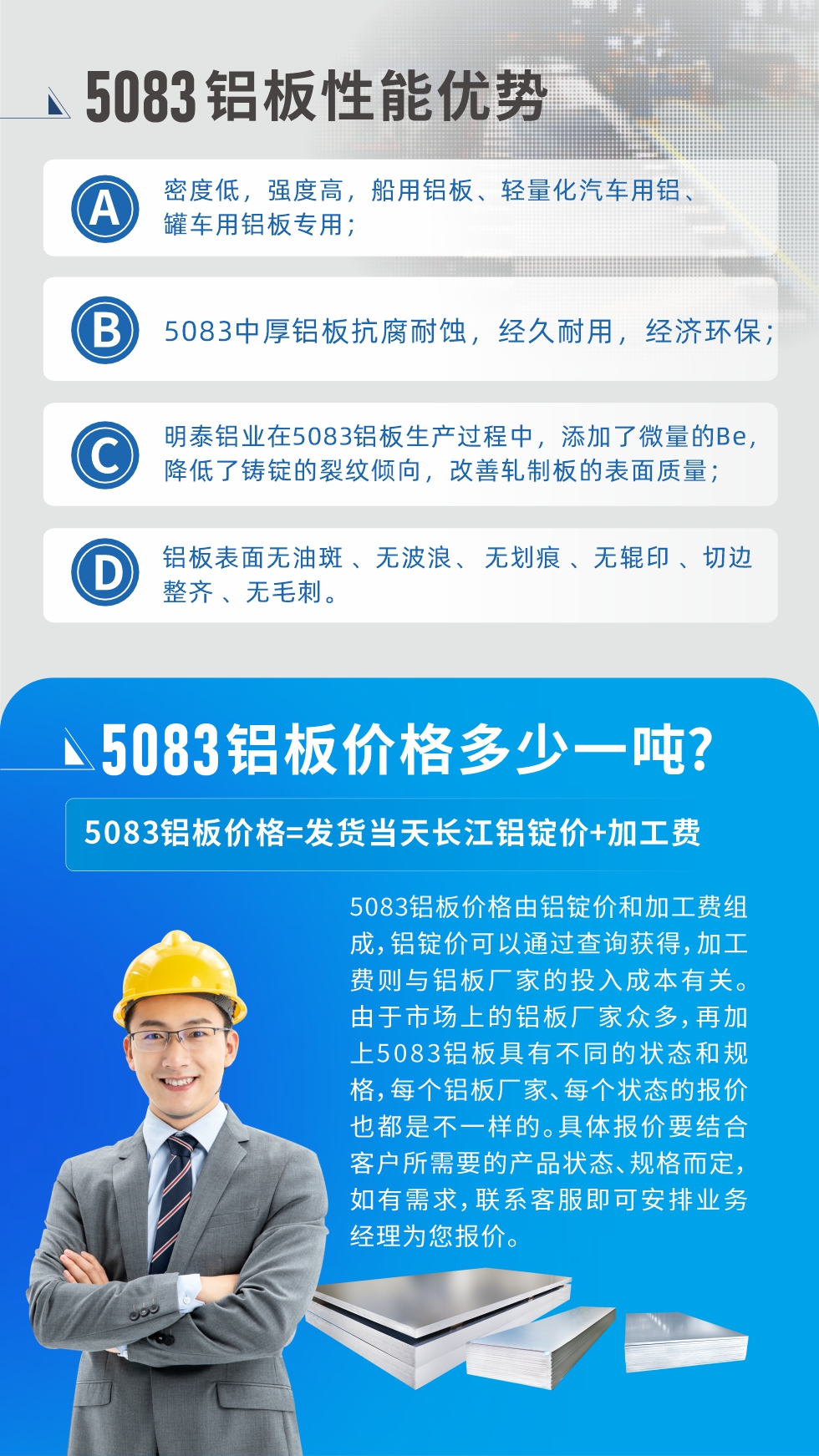 5083鋁板性能優勢:1、密度低，強度高，船用鋁板、輕量化汽車用鋁、罐車用鋁板專用；2、5083中厚鋁板抗腐耐蝕，經久耐用，經濟環保；3、明泰鋁業在5083鋁板生產過程中，添加了微量的Be，降低了鑄錠的裂紋傾向，改善軋制板的表面質量；4、鋁板表面無油斑 、無波浪、 無劃痕 、無輥印 、切邊整齊 、無毛刺。
5083鋁板價格信息:5083鋁板價格由鋁錠價和加工費組成，鋁錠價可以通過查詢獲得，加工費則與鋁板廠家的投入成本有關。由于市場上的鋁板廠家眾多，再加上5083鋁板具有不同的狀態和規格，每個鋁板廠家、每個狀態的報價也都是不一樣的。具體報價要結合客戶所需要的產品狀態、規格而定，如有需求，聯系客服即可安排業務經理為您報價。
5083鋁板價格=發貨當天長江鋁錠價+加工費。
5083鋁板廠家:河南明泰鋁業生產5083鋁合金薄板、5083熱鋁板、5083中厚鋁板、5083船用鋁板、5083花紋鋁板等等，按需定制生產，規格齊全，歡迎來廠考察參觀，更多相關產品詳細信息和優惠報價，可點擊右側在線咨詢，也可撥打咨詢電話：0371-67898708快速獲取!