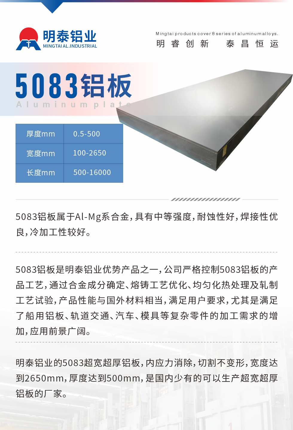 5083鋁板屬于Al-Mg系合金，具有中等強度，耐蝕性好，焊接性優良，冷加工性較好。
　　5083鋁板是明泰鋁業優勢產品之一，公司嚴格控制5083鋁板的產品工藝，通過合金成分確定、熔鑄工藝優化、均勻化熱處理及軋制工藝試驗，產品性能與國外材料相當，滿足用戶要求，尤其是滿足了船用鋁板、軌道交通、汽車、模具等復雜零件的加工需求的增加，應用前景廣闊。
　　明泰鋁業的5083超寬超厚鋁板，內應力消除，切割不變形，寬度達到2650mm，厚度達到500mm，是國內少有的可以生產超寬超厚鋁板的廠家。