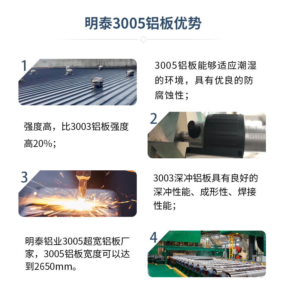 　　明泰3005鋁板優勢
　　1、3005鋁板能夠適應潮濕的環境，具有優良的防腐蝕性；
　　2、強度高，比3003鋁板強度高20%；
　　3、3003深沖鋁板具有良好的深沖性能、成形性、焊接性能；
　　4、明泰鋁業3005超寬鋁板廠家，3005鋁板寬度可以達到2650mm。